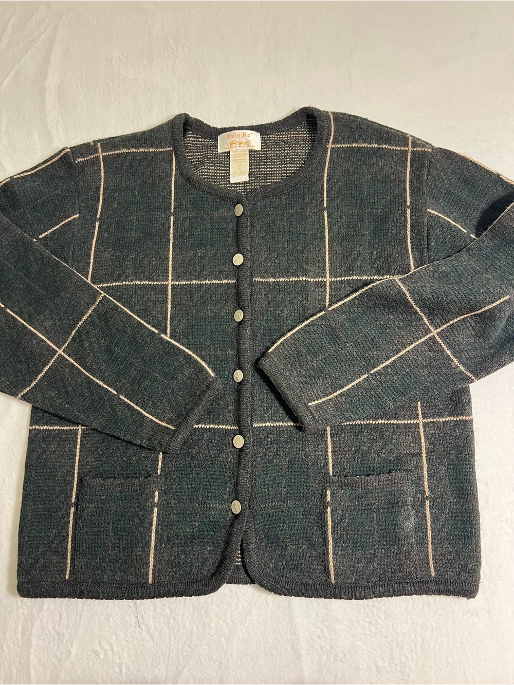 Vintage Tally Ho Black/Dark Gray Button-Front Windowpane Cardigan